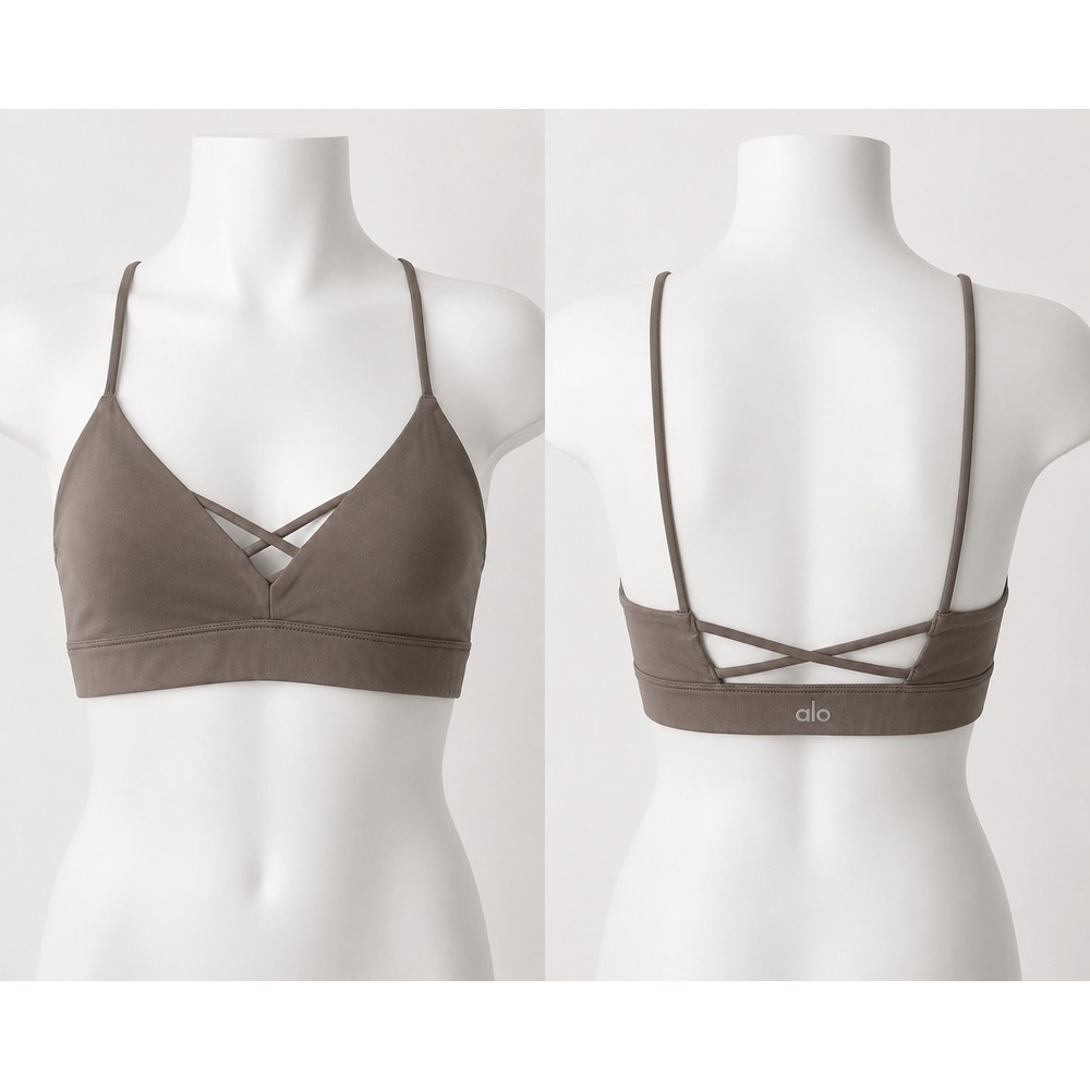 Alo Yoga Interlace Sports Bra Taupe Brown Strappy Back V-Neck Small